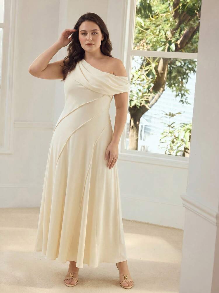 PLUS SIZE ELEGANT FOLDOVER ASYMMETRICAL SHOULDER COWL TIE BACKLESS DRESS, SPRING/SUMMER