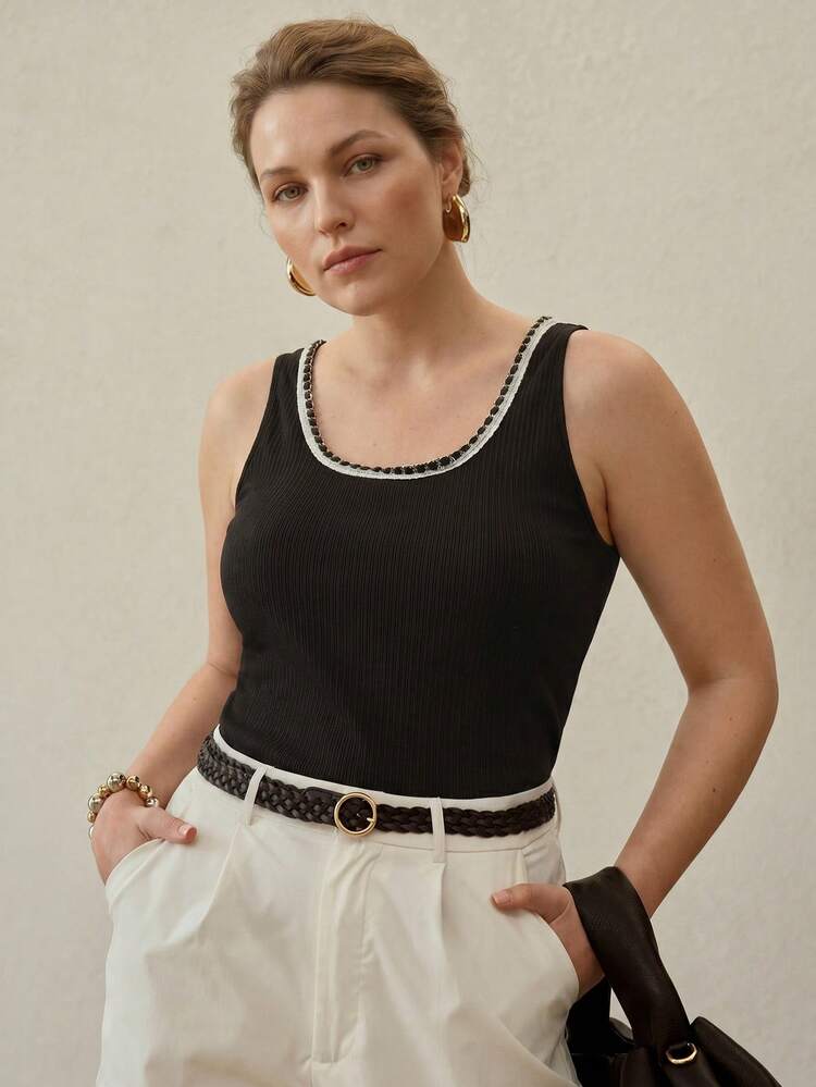 PLUS SIZE WOMEN'S CONTRAST BINDING TAPE TRIM SCOOP NECK RIBBED KNIT TANK TOP