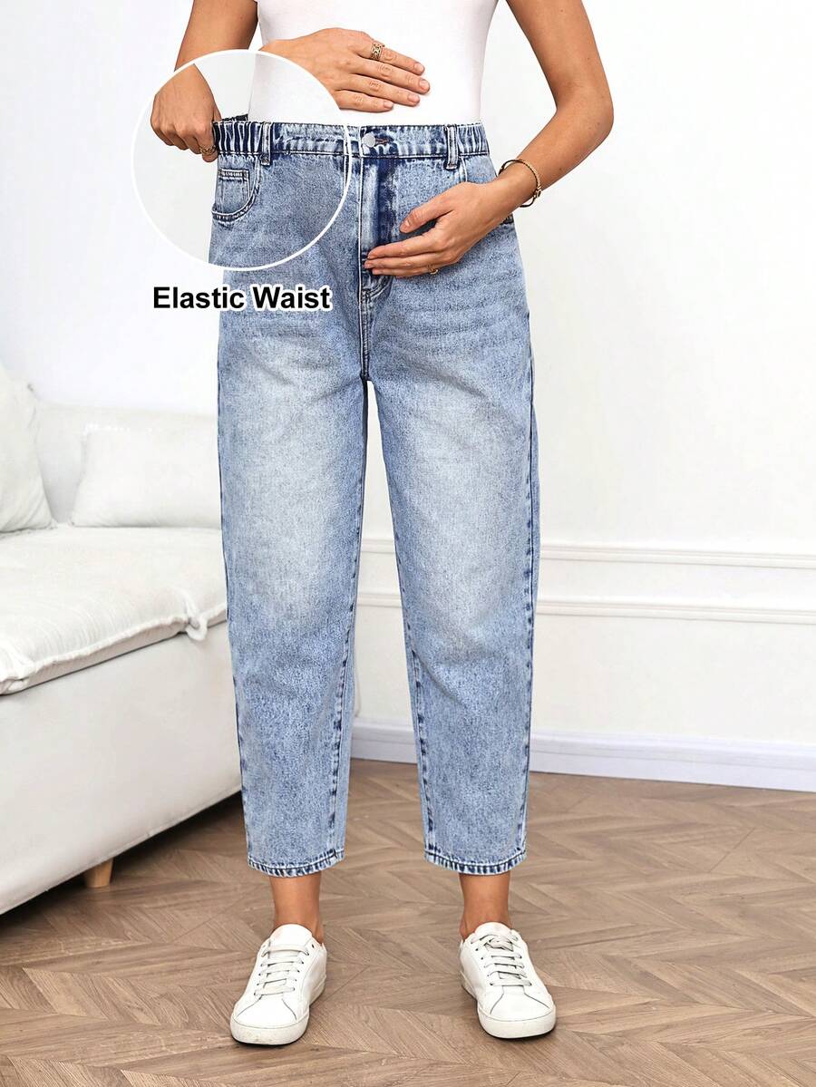 SHEIN Quần jeans nữ cạp cao, kiểu dáng thường ngày, màu xanh nhạt, chất liệu denim bạc màu, thích hợp mặc đi làm, đi nghỉ mát, tốt nghiệp, phong cách Y2K, dễ thương, đường phố, dự tiệc cưới, thanh lịch, công sở, đi biển, tốt nghiệp. Quần jeans nữ cạp cao, chất liệu denim bạc màu, eo chun, ống côn lửng, quần thường ngày, màu xanh nhạt, kiểu dáng rộng rãi, hiệu ứng rách, quần jeans thiết yếu hàng ngày. - Màu xanh lam - Xem 1