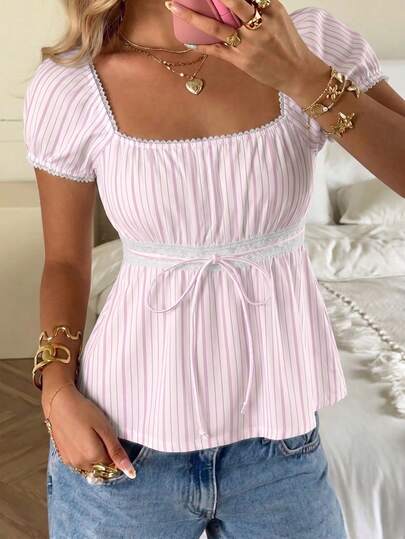 CovetEZ Summer Outfits Square Neck Petal Sleeve Tie Front Tee In Pink Striped Print