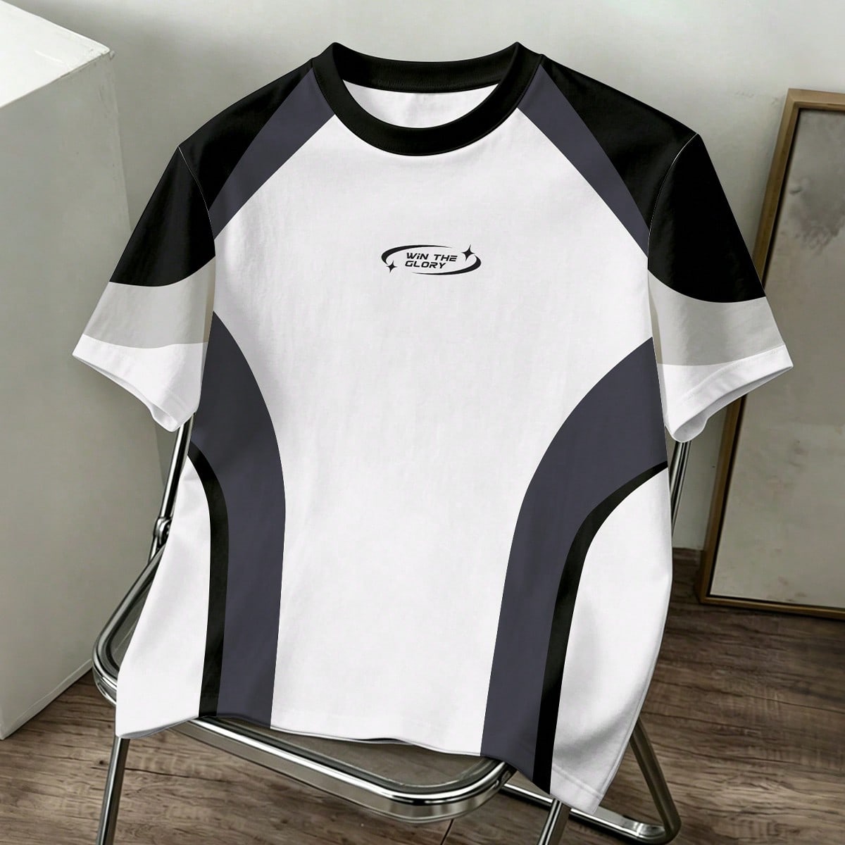 Camiseta casual de cuello redondo para hombre con estampado de letras y bloques de color