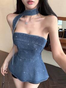 Joudiya 春夏音樂節亮面水鑽與亮片裝飾心形領荷葉邊拼接貼身洋裝，優雅派對婚禮雞尾酒正式禮服，時尚修身休閒牛仔女款抹胸上衣 - 藍色 - 查看 1