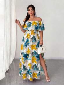 Elenzga Maxikleid in Große Größen für Damen, Frühling/Sommer Neuheit mit Blume Muster, Off-Shoulder Rüschensaum, romantisch sexy mit geraffter Taille. Geeignet für romantische Urlaubsreisen, Dates, Reisen, städtische Ausflüge, Musikfestivals und romantische Anlässe. - Verschiedenfarbig - Übersicht 4
