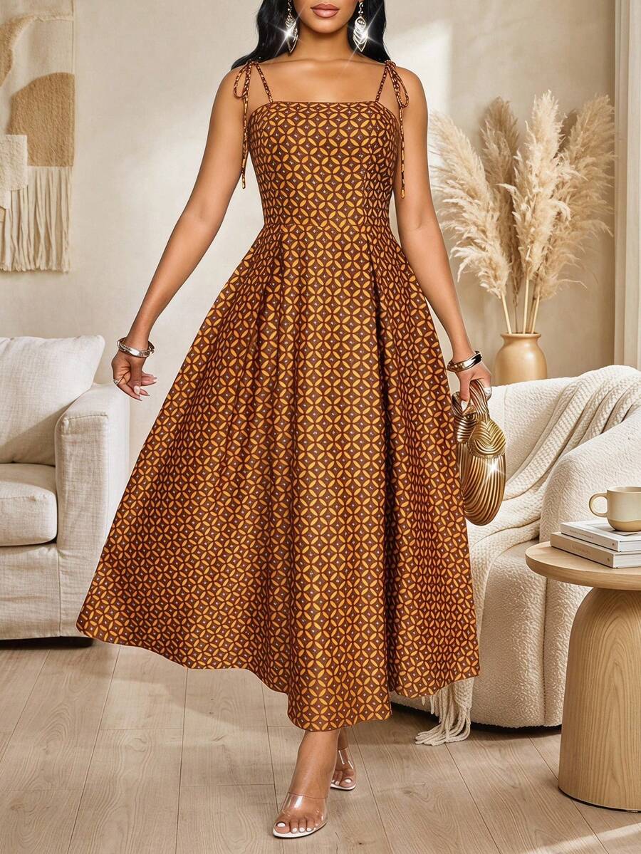 SHEIN Lady Women's Elegant Ruched Waist Dress With All-Over Print, Suitable For Party And Outings - Ginger - View 1