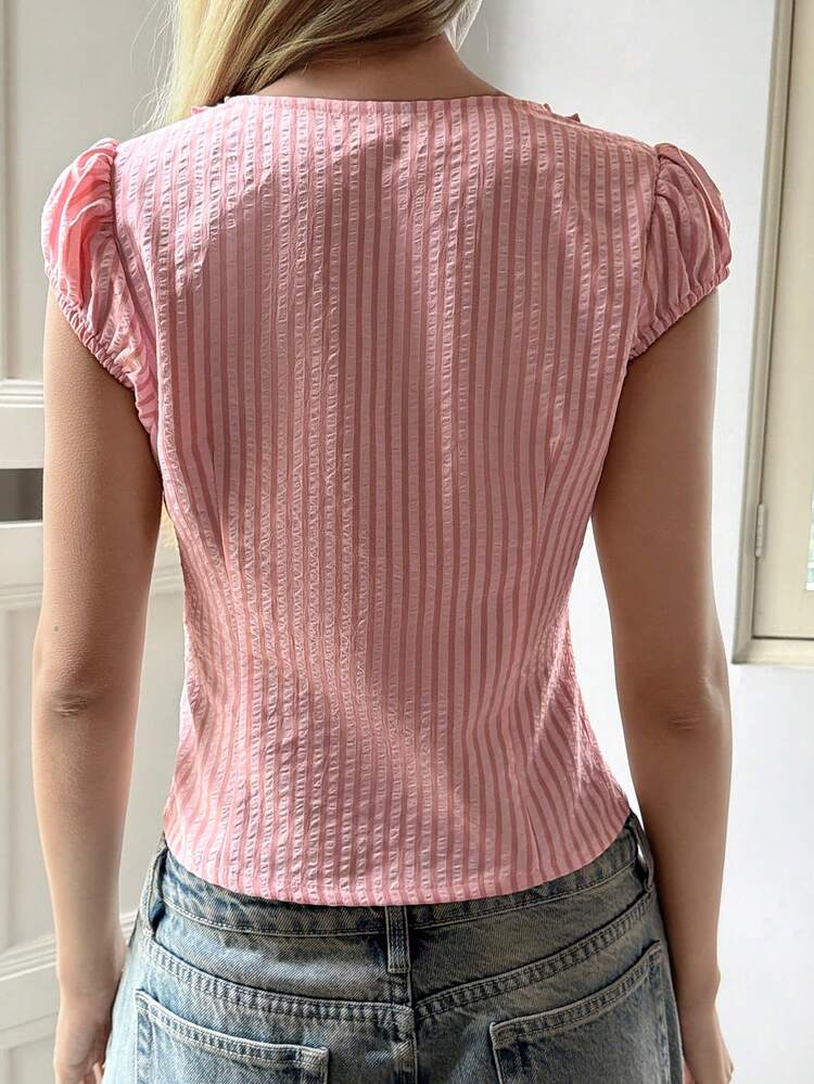 Women's Fashionable Versatile Striped Frill Trim Single-Breasted Shirt
