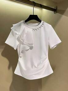 GlowEve 女式夏季新款时尚百搭休闲水钻T恤 - 白色 - 查看 3