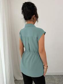 Elenzga Women's Casual Smart Casual Teachers' Day Style Solid Color Shirt Collar Button Down Drawstring Waist A-Line Dropped Shoulder Blouse Top Office - Mint Green - View 2