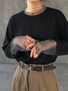 FRIFUL 纯色拼接薄纱波点网眼宽松休闲百搭T恤 - 黑色 - 查看 3