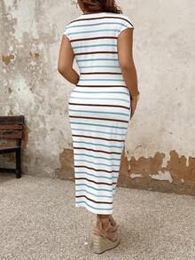 EMERY ROSE Plus Size Striped Color Block Vacation Casual Dress With Cinched Waist Belt Maxi Women Outfit - Multicolor - View 2