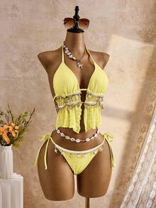 Bellisia Bộ áo croptop và tankini họa tiết jacquard họa tiết vỏ sò, thích hợp cho kỳ nghỉ hè/xuân, 26SS. - Màu vàng - Xem 3