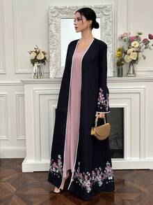 Yasmyna Áo choàng Abaya dài tay dáng rộng thanh lịch dành cho nữ, thêu hoa và ghép mảnh. - màu đen - Xem 7