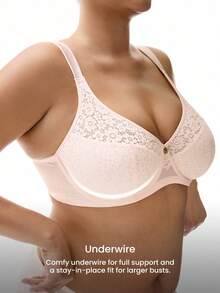 LUVLETTE Plus Pink Lingerie Lounge Curve 全包覆支撑透气钢圈轻薄衬垫轻盈蕾丝粉色优雅透气舒适显瘦文胸 - 淺粉色 - 查看 3