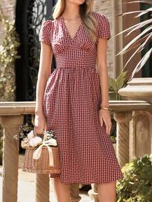 Vestido midi de mujer elegante de unicolor con bolsillo oblicuo, cintura ceñida y cuello en V acampanado - Rojo y blanco - Ver 10
