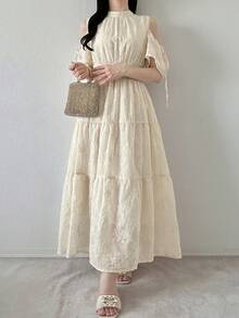 FRIFUL Vestido de mujer elegante y de moda con hombros abiertos y bordado, vestidos de verano para mujeres - Rosa - Ver 4