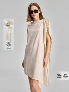 Ontre Đầm ngắn nữ dáng rộng, chất liệu pha lanh, kiểu dáng tối giản, thanh lịch, sang trọng, thiết kế bèo nhún, đa năng cho các dịp thường ngày, nghỉ lễ, tiệc tùng, công sở, trường học, kỳ nghỉ lãng mạn, ngày Quốc khánh, dự đám cưới, trang phục giáo viên. - Màu be - Xem 3
