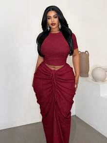 Maweii Plus Size Sexy Fitted Beach Ruched Skirt Set - Burgundy - View 2