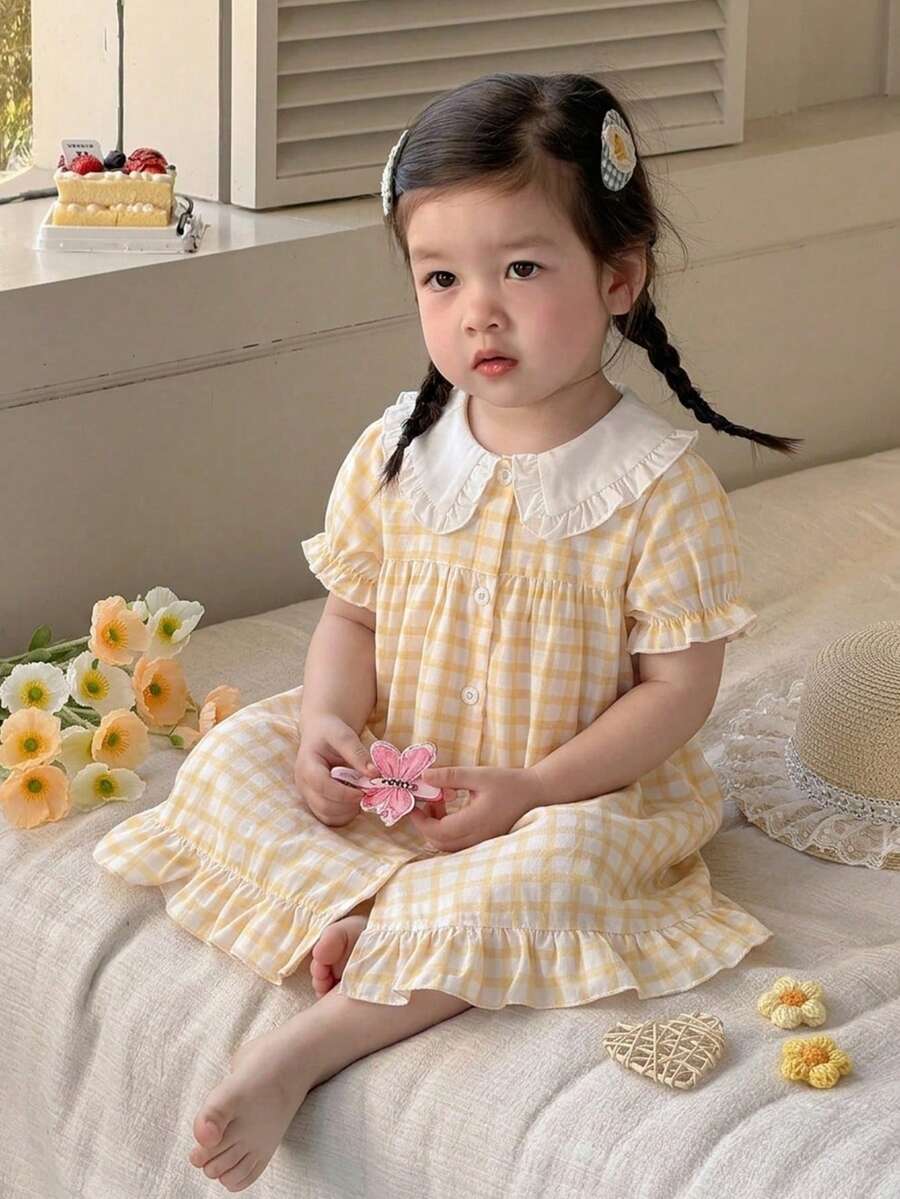 Vestido de manga corta con abertura frontal para bebé niña, 1 pieza, tela tejida, vestido casual de estilo lindo, estampado a cuadros, verano - Amarillo - Ver 1