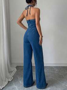 Firerie Bộ jumpsuit denim nữ gợi cảm hở lưng, cổ yếm, khoét eo, phù hợp cho kỳ nghỉ hè, lễ hội, đi làm, tốt nghiệp, phong cách Y2K, dễ thương, thời trang đường phố, tiệc tùng, đám cưới, thanh lịch, công sở, đi biển, tốt nghiệp, phong cách sang trọng. Jumpsuit denim nữ cổ yếm buộc dây với chi tiết khoét eo, ống rộng. - Màu xanh lam - Xem 2