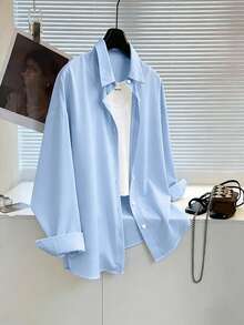 INAWLY Plus Size Women's Casual Everyday Commute Simple Solid Color Drop Shoulder Loose Button-Up Shirt, Spring/Autumn Fall Cloth For Women - Baby Blue - View 4