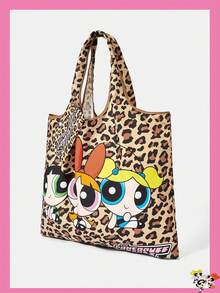 THE POWERPUFF GIRLS X SHEIN 1 件装，豹纹印花休闲女警图案折叠购物袋，大容量防水手提袋。 - 多色2 - 查看 3