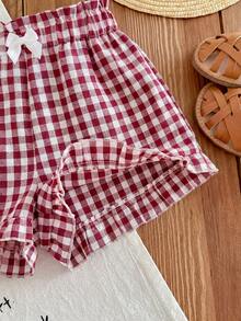 SHEIN LMoss Kids Quần short dệt kẻ caro dáng rộng thoải mái LMoss Young Girl dành cho bé gái - Hồng - Xem 6