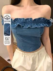 DAZY Vintage Washed Blue Off Shoulder Top With Lace Patchwork, Casual Street Style Denim Blouse For Women, Spring & Summer - Medium Wash - View 1