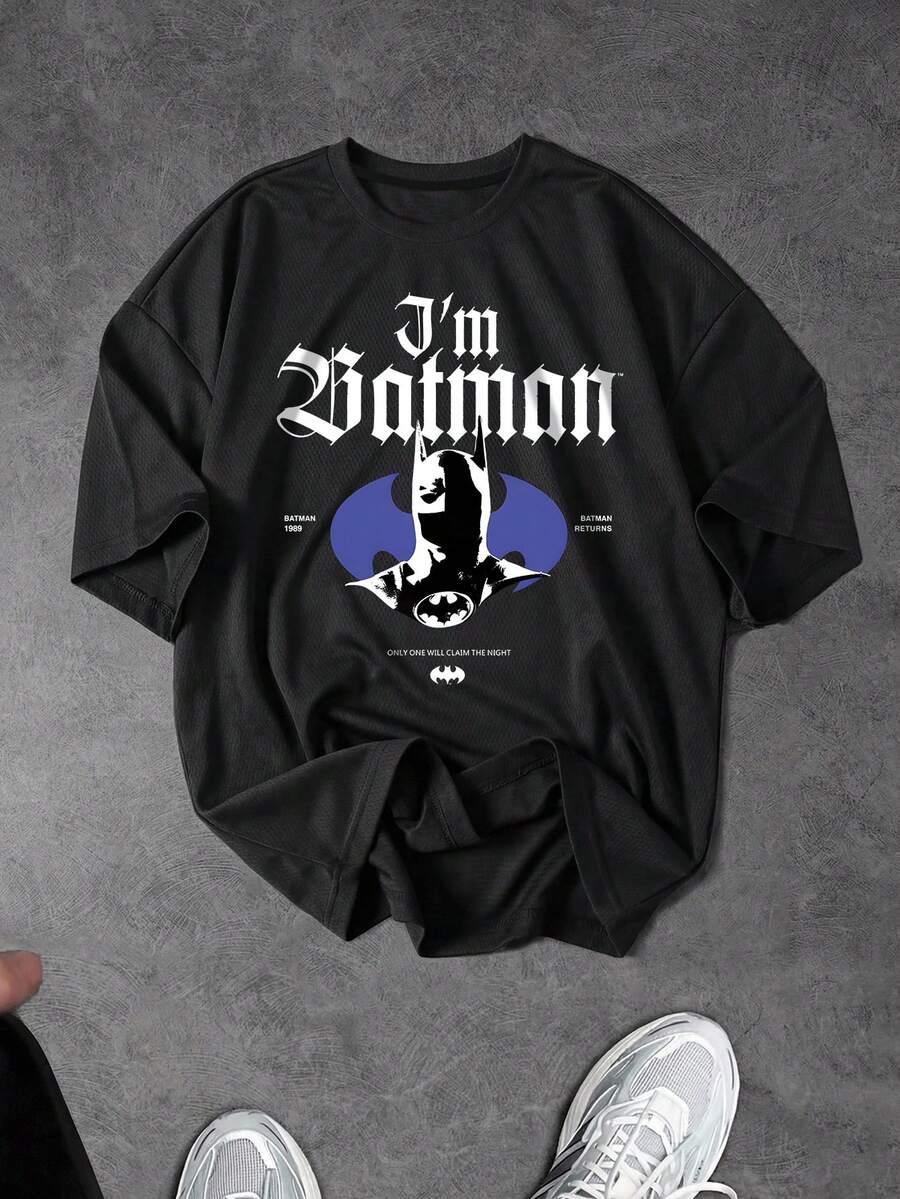 BATMAN X SHEIN Sport MetroGents 男士休閒百搭字母印花圓領短袖運動T恤,健身房適用 - 黑色 - 查看 1