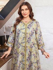 Lacomfia Casual All-Over Print V-Neck Ruffle Trim 3/4 Sleeve Loose Regular Spring/Autumn Plus Size Dress - Multicolor - View 1