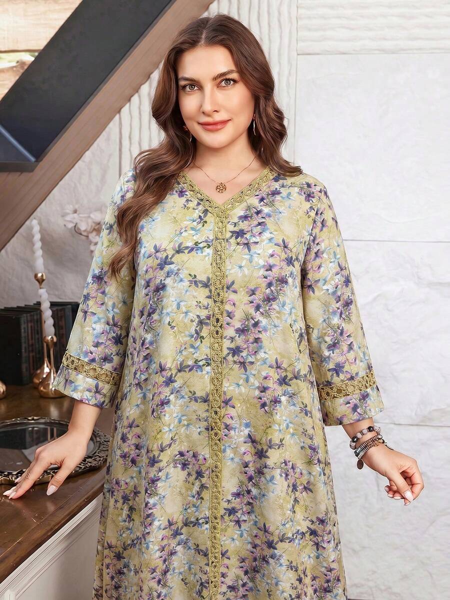 Lacomfia Casual All-Over Print V-Neck Ruffle Trim 3/4 Sleeve Loose Regular Spring/Autumn Plus Size Dress - Multicolor - View 1