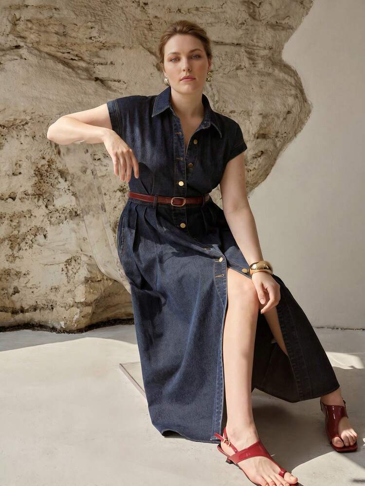 PLUS SIZE WOMEN DAILY CASUAL/DATE TURNDOWN COLLAR CAP SLEEVE DENIM DRESS WITHOUT BELT, SPRING/SUMMER