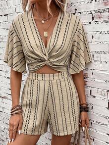 SHEIN Clasi Women's Striped Print Holiday Short Sleeve Shorts Set, Summer Vacation Beige Boho - Khaki - View 3