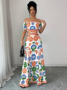 Elenzga Women's Floral Print Off-Shoulder Waist Hollow Out Twist Long Dress, Suitable For Beach, Vacation - Limelight Green - View 4