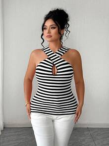 Elenzga Regata Elegante de Malha Texturizada com Gola Transpassada, Cintura Marcada, Listrada em Vermelho e Branco, Plus Size, Ideal para Primavera/Verão, Volta às Aulas, Férias, Formatura, Feriados, Dia dos Namorados, Natal, Festivais de Música, Dia das Mães, Halloween, Ação de Graças, Páscoa, Dia Nacional, Danças, Aniversários, Encontros, Festas, Casamentos, Atividades ao Ar Livre - Preto e Branco - Visão 5