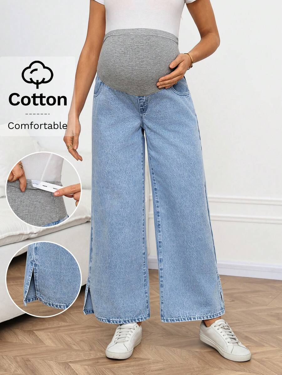 SHEIN Quần jean bầu dáng rộng, thoải mái, túi xéo, ống rộng, thích hợp mặc hàng ngày, đi làm, mùa hè, lễ hội, đi nghỉ mát, tốt nghiệp, phong cách Y2K, dễ thương, thời trang đường phố, quyến rũ, dự tiệc, đám cưới, thanh lịch, công sở, nữ tính, đi biển, tốt nghiệp, quần jean bầu màu sáng, ống rộng, denim với miếng đệm bụng thoải mái, quần jean bầu dáng rộng, denim với đai bụng có gân. - Màu xanh lam - Xem 1