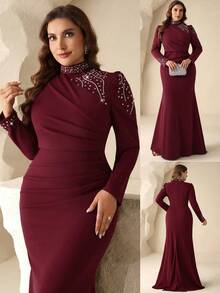 Coutiva Plus Size Women's Elegant Rhinestone Embellished Ruched Waist Dress With Train, Suitable For Spring And Autumn - Burgundy - View 7