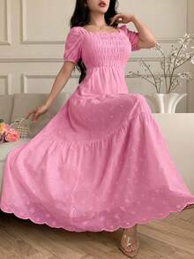 Modelyn French Square Collar Petal Sleeve Hollow Embroidery Cinched Waist A-Line Dress For Women - Watermelon Pink - View 4