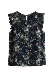 SHEIN LUNE Ruffle Armhole Floral Top,Casual - Navy Blue - View 5