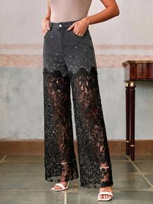 Anewsta Fashionable & Elegant Lace Rhinestone Embellished Denim Jeans - Black - View 3