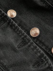 SHEIN MOD 女款單排扣休閒百搭牛仔上衣，適合日常穿著 - 黑色 - 查看 3