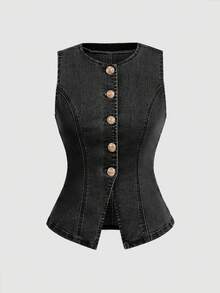 SHEIN MOD 女款單排扣休閒百搭牛仔上衣，適合日常穿著 - 黑色 - 查看 5