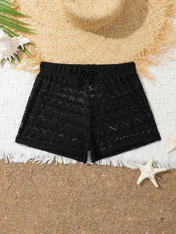 Tween Girl Summer Beach Vacation Solid Color Hollow Cover-Up & Shorts Set
