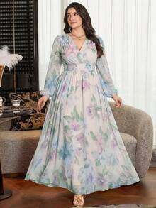 Modelyn 大码女士优雅收腰A字连衣裙 - 淺藍色 - 查看 6