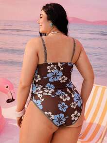 Swim Mod Bộ bikini hai mảnh in họa tiết hình học thời trang thường ngày dành cho nữ cỡ lớn năm 2026, kiểu dáng bikini tam giác cạp cao, dây đeo dày có thể điều chỉnh. - màu nâu - Xem 2