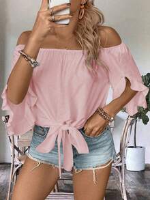 EMERY ROSE Plus Size Casual Solid Color Off-Shoulder Tie-Up Shirt Bussines Vacation Pink Summer - Pink - View 4