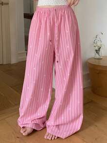 DAZY Pantalones de pijama de pierna ancha con cordón en la cintura, estilo casual y relajado para mujer - Rojo - Ver 6