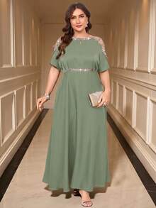 SHEIN Clasi Plus Size Elegant Splice Ribbon Open Shoulder Waist Tie Dress, Summer - Mint Green - View 4