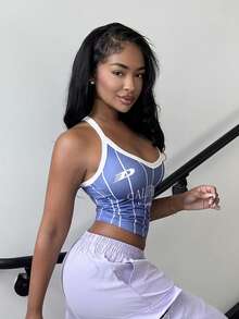 Alexandranx 女士夏季休闲字母条纹印花无袖吊带背心 - 藍色 - 查看 5