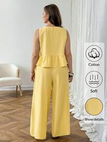 SHEIN LUNE 大码休闲纯色3D立体花卉装饰背心和裤子两件套 - 黃色 - 查看 8