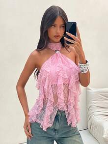 Aloruh Áo tank top ôm dáng cổ đứng nhiều lớp, viền bèo nhún, thanh lịch dành cho nữ - Hồng - Xem 6