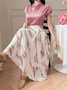 DAZY Women's Elegant Solid Color Halter Top And Colorblock Floral A-Line Skirt 2-Piece Set, Summer - Burgundy - View 5